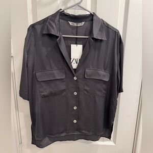 Zara Silky Button Down Short Sleeve Top